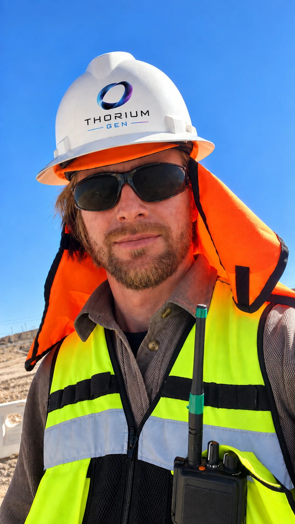 Julio en faena, con casco THORIUM-GEN, chaleco reflectante y radio, bajo el cielo del desierto